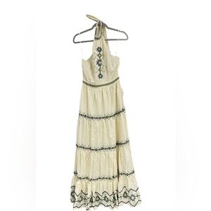 0242 boho cottage core Embroid Cream Halter Maxi Dress with Green Embroidery